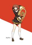  absurdres black_shirt black_skirt brown_eyes brown_footwear brown_hair closed_mouth commentary euphonium eyebrows_visible_through_hair full_body hibike!_euphonium highres holding holding_instrument instrument kion-kun legs_apart long_sleeves looking_at_viewer oumae_kumiko pinky_out pleated_skirt red_background school_uniform serafuku shirt shoes short_hair skirt smile socks solo standing twitter_username two-tone_background white_legwear wide-eyed 