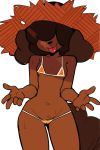 anthro bikini boonsky breasts camel_toe canine clothing dog female floppy_ears hair_over_eyes hat mammal simple_background solo standing straw_hat swimsuit tongue tongue_out white_background 