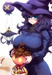  1girl al_bhed_eyes black_hair blue_eyes blush breasts candy drifloon halloween hex_maniac_(pokemon) huge_breasts lampent long_hair long_sleeves messy_hair pokemon pokemon_(game) pumpkaboo sweater tokyo_(great_akuta) witch_hat 