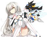  ;) boots breasts cleavage elsword eve_(elsword) facial_mark gloves highres kana616 leotard long_hair looking_at_viewer one_eye_closed orange_eyes silver_hair sitting small_breasts smile solo thigh_boots thighhighs very_long_hair white_footwear white_gloves white_leotard 