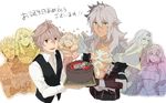  6+boys :d ahoge armor armored_dress astolfo_(fate) atalanta_(fate) bangs birthday_cake blue_eyes brown_hair cake capelet chain chiron_(fate) cloak commentary_request eyebrows_visible_through_hair fate/apocrypha fate_(series) flower food gauntlets green_eyes happy_birthday headpiece holding jeanne_d'arc_(fate) jeanne_d'arc_(fate)_(all) long_hair long_sleeves madara-ame male_focus multiple_boys open_clothes open_mouth open_shirt otoko_no_ko red_eyes ribbon scar shirt short_hair sieg_(fate/apocrypha) silver_hair smile translation_request very_long_hair vlad_iii_(fate/apocrypha) waistcoat white_background white_shirt 