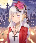  5ya au_ra bangs black_ribbon blush breasts castle cleavage closed_mouth cloud cross cross_necklace eyebrows_visible_through_hair final_fantasy final_fantasy_xiv flower frills full_moon fur_trim halloween hat hat_flower hat_ribbon heterochromia horns jack-o'-lantern jacket jewelry large_breasts long_hair long_sleeves looking_at_viewer mini_hat moon necklace night night_sky open_clothes open_jacket outdoors pumpkin purple_eyes red_eyes red_flower red_jacket red_rose ribbon rose scales shirt sky smile solo top_hat tree upper_body white_hair white_shirt 