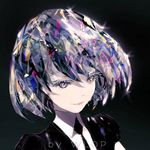  androgynous artist_name black_background black_neckwear black_shirt closed_mouth collared_shirt commentary diamond_(houseki_no_kuni) gem_uniform_(houseki_no_kuni) glint highres houseki_no_kuni multicolored multicolored_eyes multicolored_hair necktie puffy_short_sleeves puffy_sleeves purple_eyes shirt short_sleeves smile solo white_shirt wing_collar wlop 