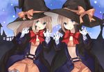  :d black_coat blancpig_yryr blue_eyes brown_hair gloves halloween halloween_costume hands_up hat highres long_hair looking_at_viewer multiple_girls neptune_(series) night night_sky open_mouth orange_skirt ram_(choujigen_game_neptune) rom_(choujigen_game_neptune) short_hair siblings sisters skirt sky smile star_(sky) starry_sky twins white_gloves witch witch_hat 