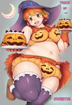  1girl bare_shoulders blush breasts hair_ornament halloween hat inamori_nidai large_breasts looking_at_viewer navel open_mouth orange_eyes orange_hair original orizen plump pumpkin short_hair smile solo thick_thighs thighhighs 