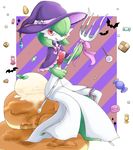  1girl bat border bow candy chocolate_heart food fork full_body gardevoir green_hair halloween hands_up hat heart highres ice_cream leg_garter licking_lips lollipop looking_at_viewer macaron muguet no_humans pancake pink_bow pink_ribbon pokemon pokemon_(creature) pokemon_rse purple_hat red_eyes ribbon shawl short_hair siple_background sitting smile solo syrup tongue tongue_out white_border witch_hat 