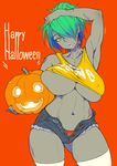  arm_over_head armpits beige_eyes blue_hair breasts collarbone commentary_request covered_nipples crop_top cutoffs dark_skin denim denim_shorts earrings english gradient_hair green_hair hair_over_one_eye halloween happy_halloween jack-o'-lantern jewelry large_breasts micro_shorts mikoyan mole mole_under_mouth multicolored_hair navel neck open_clothes open_shorts orange_background orange_panties original pale_eye pale_skin panties parted_lips pink_lips pumpkin short_hair short_shorts shorts simple_background solo stomach thighhighs thighs torn_clothes torn_shorts underboob underwear white_legwear wide_hips zombie 