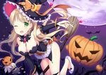  ;d amemiya_ruki bare_shoulders blonde_hair breasts broom broom_riding candy commentary_request corset detached_collar detached_sleeves earrings food full_moon green_eyes halloween hat hat_ribbon highres jack-o'-lantern jewelry large_breasts long_hair looking_at_viewer moon one_eye_closed open_mouth original pumpkin ribbon shoes smile solo star star_earrings wand white_footwear witch_hat 