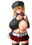  areolae bangs belt black_legwear blonde_hair blush breasts brown_eyes cabbie_hat choker collarbone eyebrows_visible_through_hair grin hair_between_eyes hat headphones headphones_around_neck highres huge_breasts inverted_nipples jewelry kirome_(kamipaper) large_areolae long_hair looking_at_viewer miniskirt navel necklace nipples one_breast_out original plaid plaid_skirt puffy_nipples red_skirt saaya_(kirome) simple_background skirt sleeves_past_wrists smile solo standing tank_top teeth thighhighs tsurime twintails white_background 
