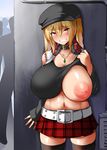  areolae bangs belt black_legwear blonde_hair blush breasts brown_eyes cabbie_hat choker collarbone day eyebrows_visible_through_hair grin hair_between_eyes hat headphones headphones_around_neck highres huge_breasts inverted_nipples jewelry kirome_(kamipaper) large_areolae long_hair looking_at_viewer miniskirt navel necklace nipples one_breast_out original outdoors plaid plaid_skirt puffy_nipples red_skirt saaya_(kirome) skirt sleeves_past_wrists smile solo_focus standing tank_top teeth thighhighs tsurime twintails 