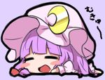  :d =_= bangs blunt_bangs blush_stickers chibi commentary crescent crescent_moon_pin dress fukutchi full_body hat lavender_background lying mob_cap mukyuu on_stomach open_mouth patchouli_knowledge purple_dress purple_hair simple_background smile solo touhou translated 