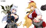  black_neckwear blonde_hair blush breasts cleavage closed_mouth commentary_request cowboy_shot dragon dragon_knight_(dungeon_and_fighter) drone dungeon_and_fighter female_gunner_(dungeon_and_fighter) female_mechanic_(dungeon_and_fighter) fingerless_gloves foreshortening gloves green_eyes hair_ribbon holding_hands horns knight_(dungeon_and_fighter) large_breasts long_hair looking_at_viewer multiple_girls out_of_frame parted_lips pointy_ears pov pov_hands red_eyes ribbon shaojiang silver_hair smile very_long_hair 