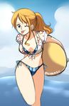  1girl alone bikini breasts brown_eyes curvy earrings female nami_(one_piece) navel one_eye_closed one_piece orange_hair ponytail shorts solo stomach thighs tongue_out 