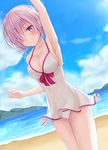  arm_up armpits beach blue_sky blush bow bow_swimsuit breasts cleavage cloud collarbone cowboy_shot day dress dress_swimsuit fate/grand_order fate_(series) hair_over_one_eye highres ikkyuutensaii large_breasts looking_at_viewer mash_kyrielight ocean outdoors pink_hair purple_bow purple_eyes short_dress short_hair sideboob sky sleeveless sleeveless_dress smile solo standing swimsuit swimsuit_of_perpetual_summer white_bikini_bottom white_swimsuit 