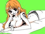  1girl alone ass back bikini breasts cleavage earring female green_background hips large_breasts laying laying_on_front long_hair nami_(one_piece) one_piece orange_hair solo tattoo 