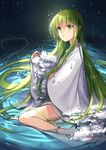  absurdly_long_hair absurdres androgynous bym enkidu_(fate/strange_fake) eyebrows_visible_through_hair fate/strange_fake fate_(series) green_eyes hair_between_eyes highres long_hair male_focus parted_lips sitting solo very_long_hair water 