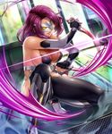  bodysuit breasts cleavage dagger dual_wielding kagami_hirotaka koukawa_oboro large_breasts mask medium_hair purple_hair squatting taimanin_(series) taimanin_asagi_battle_arena weapon 