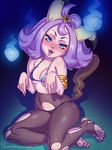  1girl acerola_(pokemon) animal_ears armlet artist_name black_legwear black_panties blue_bra blue_eyes blush bra breasts cat_pose cosplay fake_animal_ears feet full_body hair_ornament half-closed_eyes hands_up kajinman looking_at_viewer mimikyu_(cosplay) nail_polish naughty_face navel open_mouth panties pantyhose patreon patreon_username pokemon pokemon_(game) pokemon_sm purple_hair see-through short_hair signature simple_background sitting skindentation small_breasts smile solo tail teeth text tongue torn_clothes torn_pantyhose trial_captain underwear underwear_only web_address 
