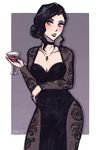  alternate_hair_length alternate_hairstyle asami_sato avatar_(series) black_dress black_hair black_lipstick blush breasts brown_eyes cleavage cocktail_glass collarbone contrapposto cup dress drinking_glass formal iahfy jewelry lipstick makeup medium_breasts pendant see-through short_hair sketch solo standing the_legend_of_korra updo 
