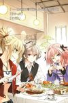  2boys ahoge astolfo_(fate) bangs black_ribbon blonde_hair bra braid breasts brown_hair coffee_mug commentary_request cup denim eyebrows_visible_through_hair fang fate/apocrypha fate_(series) food fork green_eyes hair_ornament hair_ribbon hands_together high_ponytail highres holding holding_fork holding_knife hood hooded_jacket jacket jewelry knife konoe_ototsugu long_braid long_hair long_sleeves meat midriff mordred_(fate) mordred_(fate)_(all) mug multicolored_hair multiple_boys navel necklace novel_illustration official_art one_eye_closed otoko_no_ko pink_eyes pink_hair ponytail purple_jacket red_eyes red_jacket red_scrunchie ribbon scrunchie shirt short_hair shorts sieg_(fate/apocrypha) single_braid small_breasts strapless strapless_bra teacup translated two-tone_hair underwear waistcoat white_bra white_shirt 