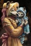  2008 age_difference anthro baby bjpentecost bonnet bow canine carrying child clothed clothing cub cute detailed_background digital_media_(artwork) dress duo female fur good_parenting grey_fur lace mammal mixed_media mother nom open_mouth open_smile painting_(artwork) parent photorealism ribbons silverone size_difference smile tagme traditional_media_(artwork) wolf young 