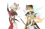  4girls ? alien_(psr992) apron black_hair black_hat blonde_hair bow broom closed_eyes commentary_request detached_sleeves flat_color from_side gap hair_bow hair_tubes hakurei_reimu hat hat_bow hat_ribbon holding juliet_sleeves kirisame_marisa korean_commentary long_hair long_sleeves looking_at_viewer matara_okina messy_hair mob_cap multiple_girls ponytail profile puffy_sleeves red_bow red_ribbon red_skirt ribbon ribbon-trimmed_sleeves ribbon_trim sidelocks simple_background skirt skirt_set spoken_ellipsis tabard touhou vest waist_apron wavy_hair white_background white_bow white_hat witch_hat yakumo_yukari yellow_eyes 