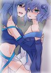  2girls blue_eyes blue_hair blush milulun_(wixoss) multiple_girls navel piruluk piyopiyo_(piroman) selector_wixoss sweat wixoss yuri 