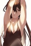 armpits arms_up breasts brown_eyes brown_hair camisole cleavage hair_between_eyes long_hair medium_breasts original parted_lips sakuragi_kei simple_background solo upper_body white_background 