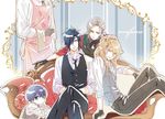  apron arm_support azuki_nagamitsu_(touken_ranbu) black_neckwear blue_eyes couch crossed_arms crossed_legs daihannya_nagamitsu_(touken_ranbu) dress_shirt formal grey_hair hair_ornament hair_over_one_eye hair_ribbon hairclip half_updo hands_on_lap head_out_of_frame kenshin_kagemitsu kouryuu_kagemitsu long_hair long_sleeves looking_at_viewer male_focus multiple_boys necktie pinstripe_pattern red_shirt ribbon shirt shokudaikiri_mitsutada shuri_(84k) silver_hair smile smirk striped touken_ranbu waistcoat 