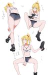  ankle_boots ass bangs bare_legs belt black_footwear blonde_hair boot_removed boots breasts closed_mouth collarbone commentary_request denim denim_shorts dressing eyebrows_visible_through_hair fate/apocrypha fate_(series) green_eyes half_updo highres jewelry knee_up kneepits legs long_hair midriff mordred_(fate) mordred_(fate)_(all) multiple_views navel necklace nipi27 parted_bangs ponytail shoes short_shorts shorts simple_background single_boot single_shoe sitting small_breasts spread_legs standing thighs tsurime white_background 