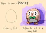  bird black_eyes bright_pupils character_name commentary english gen_7_pokemon highres how_to how_to_draw_an_owl kion-kun looking_at_viewer meme no_humans orange_background parody pokemon pokemon_(creature) profanity rowlet simple_background solo 