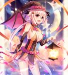  blush breasts brown_eyes fang fantasy halloween hat lantern large_breasts long_hair moon open_mouth original sakakidani smile solo twintails very_long_hair white_hair wings witch witch_hat 
