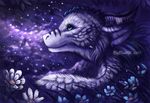  2017 blue_eyes detailed_background digital_media_(artwork) dragon feathered_dragon feathers feral flashw flower fur furred_dragon horn long_mouth no_sclera plant smile solo white_feathers white_fur 