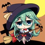  alternate_costume bangs bat bat_wings blush broom chibi commentary_request eyebrows_visible_through_hair green_eyes green_hair hair_between_eyes hair_flaps hair_ornament hairclip halloween hat kantai_collection long_hair looking_at_viewer moon parted_bangs peta_(taleslove596) pumpkin red_ribbon ribbon solo striped striped_legwear wings witch_hat yamakaze_(kantai_collection) 