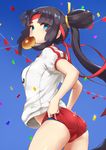  adjusting_buruma adjusting_clothes ass bangs black_hair blue_eyes blue_panties blunt_bangs blurry blush bread bread_eating_race buruma commentary confetti day depth_of_field eyebrows_visible_through_hair fate/grand_order fate_(series) food food_in_mouth from_side gym_shirt gym_uniform headband long_hair looking_at_viewer looking_back mouth_hold name_tag outdoors p!nta panties panties_under_buruma parted_bangs pennant red_buruma shirt short_sleeves sidelocks solo string_of_flags thighs underwear ushiwakamaru_(fate/grand_order) white_shirt 