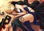  artoria_pendragon_(all) artoria_pendragon_(swimsuit_rider_alter) ass blonde_hair boots breasts cleavage commentary_request dated dress fate/grand_order fate_(series) gun hair_bun highres jacket jacket_removed lying on_side rifle sebire short_hair signature small_breasts smile sniper_rifle solo thigh_boots thighhighs weapon yellow_eyes 