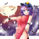  bare_arms bare_hips bare_shoulders bat blue_eyes blue_hat breasts china_dress chinese_clothes cloud cloudy_sky covered_navel cowboy_shot dress fang full_moon halloween hat highres jiangshi large_breasts letterboxed looking_at_viewer miyako_yoshika moon night night_sky no_panties ofuda open_mouth osashin_(osada) outdoors outstretched_arms pelvic_curtain purple_hair red_dress sky solo star star_(sky) starry_sky touhou wrist_cuffs 