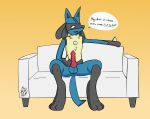  2019 absurd_res animal_genitalia animal_penis anthro anus balls baron_montesque black_fur blue_fur canine canine_penis cel_shading dialogue digital_media_(artwork) english_text erection fur hi_res inviting knot looking_at_viewer lucario male mammal nintendo open_mouth penis pok&eacute;mon pok&eacute;mon_(species) simple_background sitting smile sofa solo speech_bubble text tongue video_games 