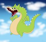  barefoot black_eyes claws cloud cuphead_(game) cute dragon feral ferocious flying grim_matchstick looking_at_viewer male nude open_mouth outside sharp_claws sharp_teeth sky slightly_chubby solo teeth toe_claws tongue toony unex video_games wings 