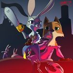  2017 anthro army_of_darkness ash_williams bone canine chainsaw cheek_tuft chest_tuft clothed clothing crossdressing crossover disney elbow_tufts fanartiguess female fire fox fur green_eyes group harness judy_hopps lagomorph looking_at_viewer male mammal match nick_wilde pants pitchfork purple_eyes rabbit shirt size_difference skeleton smile smirk tools tuft zootopia 