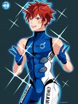  araya_hajime bandaid bandaid_on_face blue_gloves bodysuit contrapposto cowboy_shot double_v fake_screenshot gloves inui_asahi male_focus pilot_suit red_hair signature sleeveless smile solo sparkle standing super_robot_wars super_robot_wars_x-omega turtleneck v 