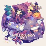  2017 black_eyes black_hair blue_legwear braid brooch candy cape chandelure character_request commentary_request cosplay drifloon fingers_to_cheeks food gen_1_pokemon gen_2_pokemon gen_4_pokemon gen_5_pokemon gen_6_pokemon gen_7_pokemon gengar grin halloween hat jack-o'-lantern jewelry leg_ribbon litwick lollipop long_hair long_sleeves looking_at_viewer mimikyu misdreavus misdreavus_(cosplay) mismagius mismagius_(cosplay) pantyhose phantump platform_footwear pokemon pokemon_(creature) purple_cape red_eyes ribbon round_eyewear skirt smile sparkle tinted_eyewear twin_braids twitter_username wavy_mouth witch_hat yellow-tinted_eyewear yumenouchi_chiharu |_| 