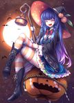  :d ^_^ ^o^ adapted_costume backlighting bad_id bad_pixiv_id bangs basket bat black_footwear black_hat blue_hair blue_skirt blush boots bow bowtie closed_eyes commentary_request cross-laced_footwear crossed_legs eyebrows_visible_through_hair facing_viewer food frilled_skirt frills fruit full_moon halloween hat high-waist_skirt highres hinanawi_tenshi holding holding_staff jack-o'-lantern knee_boots lace-up_boots leaf long_hair long_sleeves maru_daizu_(aqua6233) moon open_mouth orange_legwear peach pink_hair pumpkin rainbow_order red_bow red_neckwear sidelocks sitting skirt smile solo staff star striped striped_legwear thighhighs thighhighs_under_boots touhou very_long_hair wide_sleeves witch_hat zettai_ryouiki 