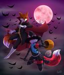 &lt;3 2017 anthro armwear broom brother canine clothing cute dipstick_tail duo elbow_gloves fox girly gloves green_eyes halloween hat holidays inner_ear_fluff kit legwear looking_at_viewer male mammal multicolored_tail raven-ark riding scarf shoki sibling smile stockings striped_legwear stripes thigh_highs witch_hat 