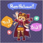  &gt;_&lt; :d arm_up blonde_hair bloomers blush_stickers bow bowtie candy cape checkered checkered_background chibi closed_eyes commentary english facing_viewer fang food full_body hair_bow halloween halloween_costume heart horn_ribbon horns ibuki_suika kumamoto_(bbtonhk2) lollipop long_hair lowres open_mouth orange_bloomers pixel_art red_neckwear ribbon smile solo spoken_heart striped striped_legwear swirl_lollipop thighhighs touhou trick_or_treat underwear xd 