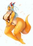 2017 aisyah_zaskia_harnny anthro bikini biped black_eyebrows bow breasts brown_clothing claws clothed clothing countershade_torso countershading deep_navel digital_media_(artwork) dragon eyebrows eyelashes female full-length_portrait grey_hair hair hi_res horn long_hair long_tail missaka multicolored_scales multicolored_tail navel non-mammal_breasts open_mouth pink_tongue pinup portrait pose red_horn ribbons saliva scales scalie signature simple_background slightly_chubby sling_bikini solo swimsuit tan_countershading tan_scales tan_tail thick_tail thick_thighs toe_claws toes tongue tongue_out two_tone_scales two_tone_tail voluptuous white_background white_claws wide_hips yellow_eyes yellow_scales yellow_tail 