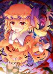  alternate_color basket bat bat_cutout blonde_hair blood bow candy cuts fang flandre_scarlet food halloween_costume hat hat_bow holding injury juliet_sleeves lens_flare lollipop long_hair long_sleeves looking_at_viewer mob_cap night night_sky orange_hat parted_lips pointy_ears puffy_sleeves purple_bow red_eyes shikitani_asuka shoes side_ponytail sky smile solo star striped striped_legwear thighhighs touhou wings 