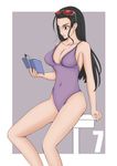  1girl alone bare_shoulders black_hair blue_eyes book breasts female holding long_hair nico_robin number one_piece purple_swimsuit reading simple_background sitting solo sunglasses sunglasses_on_head swimsuit thighs 