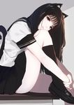  animal_ears bangs black_hair caidychen cat_ears cat_girl cat_tail check_commentary commentary_request desk eyebrows_visible_through_hair head_tilt highres knee_up long_hair looking_at_viewer on_desk original school_uniform shoes sitting sitting_on_desk skirt socks tail 