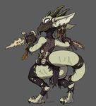  2017 anthro big_butt bomb butt clothed clothing dagger ear_piercing explosives female horn key kobold looking_at_viewer looking_back mask melee_weapon piercing robotjoe scalie solo thick_tail torn_clothing weapon 